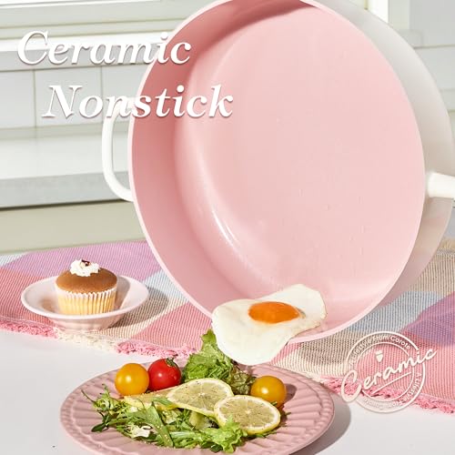 CAROTE 11 Inch Nonstick Deep Frying Pan with Lid, 5 Qt Chef Saute Pan with Pour Spout, Skillet Induction Cookware, Non Stick Cooking Pan Kitchen Pan, Healthy & PFOA/PFAS Free, Includes Spatula, Pink