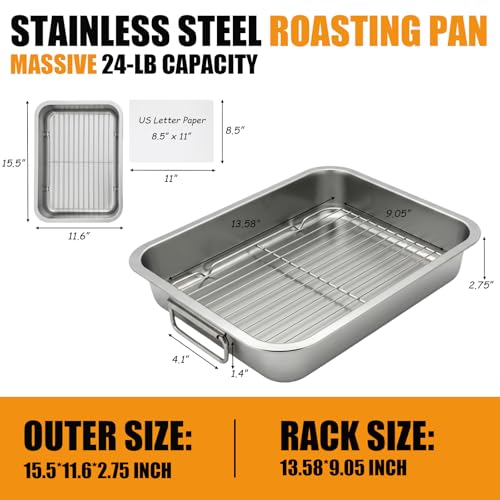 Stainless Steel Roasting Pan with Rack & Handles, 15.6"x11.6"x2.8" Deep - Food Grade No Coating, Dishwasher Safe - Large Roaster for Turkey Chicken Beef Vegetables for Homeowner Kitchen