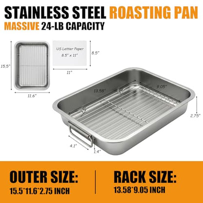 Stainless Steel Roasting Pan with Rack & Handles, 15.6"x11.6"x2.8" Deep - Food Grade No Coating, Dishwasher Safe - Large Roaster for Turkey Chicken Beef Vegetables for Homeowner Kitchen
