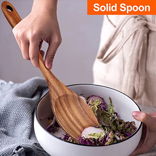 4-Piece 14" Large Wooden Utensils Set for Cooking Spatula Long Handled Slotted Spoon Non-Stick Utensil Slotted Turner Mixing Spoons with Hole Best Wood Kitchen Spatula Stirring Serving Spoons