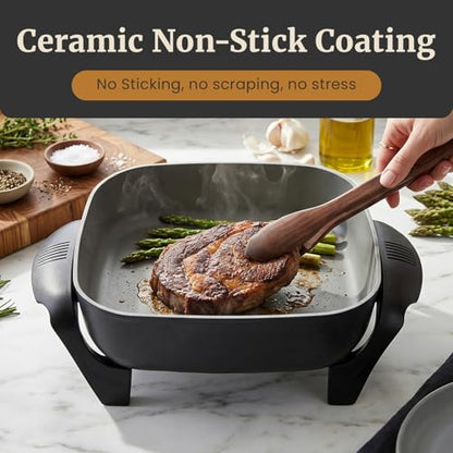Elite Gourmet PFAS-Free Ceramic Electric Skillet, Extra Deep 12"x12"x3", Less Splatter, Dishwasher Safe, Rapid Heat, EG2313, 1200W, Black