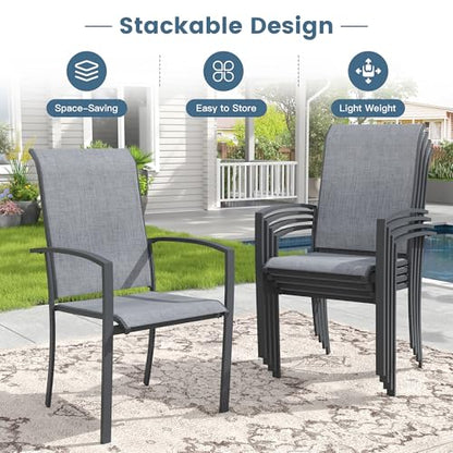 DIFY 11 Pieces Outdoor Dining Set, Metal Patio Table and Chairs Set for 10 with Umbrella Hole, 59.8" Round Dining Table and Textilene Stackable Patio Chairs for Garden Backyard Deck, Grey Wood-Like