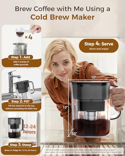 Waterdrop PT-10 Cold Brew Coffee Maker with 1 Magnesium Water Filter for Well-Balanced Acidity, Unlocks Aroma, BPA-Free Cold Brew Pitcher, Stainless Steel Filter for Iced Coffee, Tea, Lemonade, Black