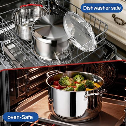 AOSION 6 Quart Stainless Steel Stock Pot with Strainer Lid & Deep Fryer Basket, Large Multipurpose Cookware for Spaghetti, Soup, Stew & Deep Frying, Compatible with All Stovetops & Oven Safe.