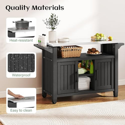 Bifanuo Resin Outdoor Grill Cart, Outdoor Kitchen Island with Stainless Steel Top & Storage Cabinet for Kitchen Prep, Weatherproof Grill Table for BBQ Food Prep, Black