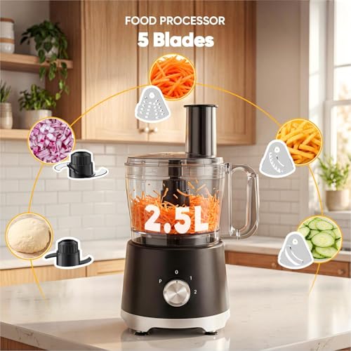 OLIXIS Food Processor 10.5 Cups, 600W Powerful Food processors with 5 Blades, Dishwasher Safe Meat Grinder for Slicing, Shredding, Chopping, Kneading, for Meat, Vegetables, Fruit, Dough