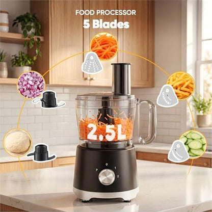 OLIXIS Food Processor 10.5 Cups, 600W Powerful Food processors with 5 Blades, Dishwasher Safe Meat Grinder for Slicing, Shredding, Chopping, Kneading, for Meat, Vegetables, Fruit, Dough