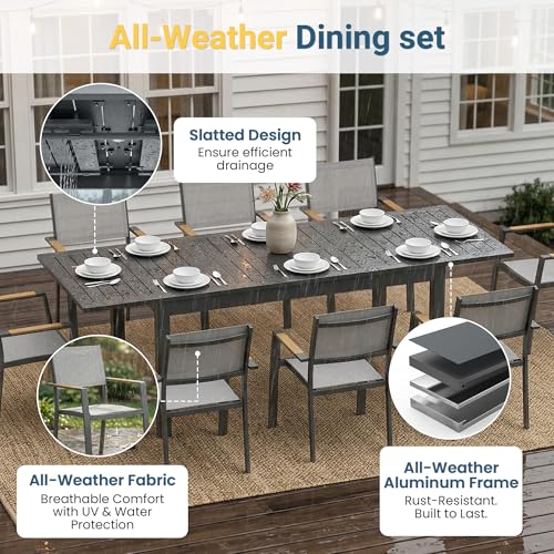 FansaFurn Patio Furniture Set with 92" Extendable Dining Table, Patio Table Set for 4–8 People, All-Weather Aluminum Outdoor Furniture, Outdoor Dining Set for Backyard, Porch, and Garde, Grey