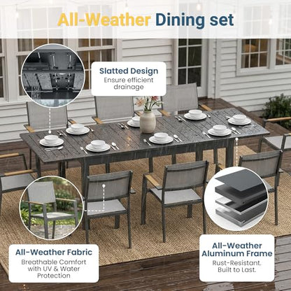 FansaFurn Patio Furniture Set with 92" Extendable Dining Table, Patio Table Set for 4–8 People, All-Weather Aluminum Outdoor Furniture, Outdoor Dining Set for Backyard, Porch, and Garde, Grey