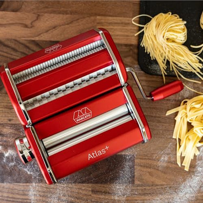 Marcato Made in Italy Atlas+Pasta Machine, Red. Chrome Plated Steel & Aluminum Rollers, Double Cutter for Lasagna, Fettuccine & Spaghetti; Durable Manual Pasta Maker for Homemade Pasta