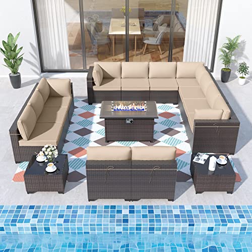ALAULM Patio Furniture Set with Fire Pit Table 55000 BTU, Outdoor Sectional with Wide Seat and Thick Cushion, 15 Piece Wicker Rattan Conversation Set with Coffee Table for Garden, Deck, Sand
