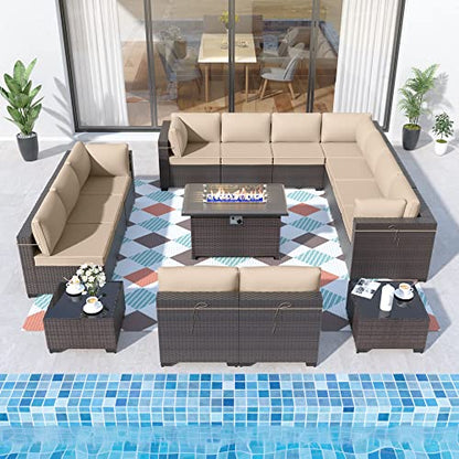 ALAULM Patio Furniture Set with Fire Pit Table 55000 BTU, Outdoor Sectional with Wide Seat and Thick Cushion, 15 Piece Wicker Rattan Conversation Set with Coffee Table for Garden, Deck, Sand