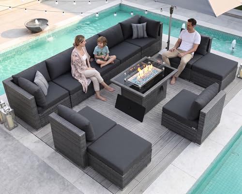 NICESOUL 11 Piece Extra Large Outdoor Furniture Sofa Set, Deep Wide PE Wicker Patio Modular Sectional with Fire Pit Table, 29.3'' High Back Modern Luxury All-Weather Rattan Conversation, Gray