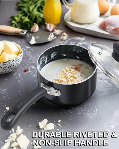 Cook N Home Nonstick Sauce Pan with Glass Lid 2-Qt, Multi-purpose Pot Saucepan Kitchenware, Black, Aluminum