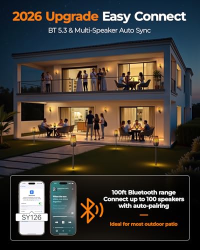 Outdoor Speakers Bluetooth Waterproof IPX6 with Flame Lights, Gadget Gifts for Men/Women, Hd Stereo Sound, BT 5.3 Multi-Sync to 100 Speakers, Portable Wireless Speaker for Patio Cafe Decor Party
