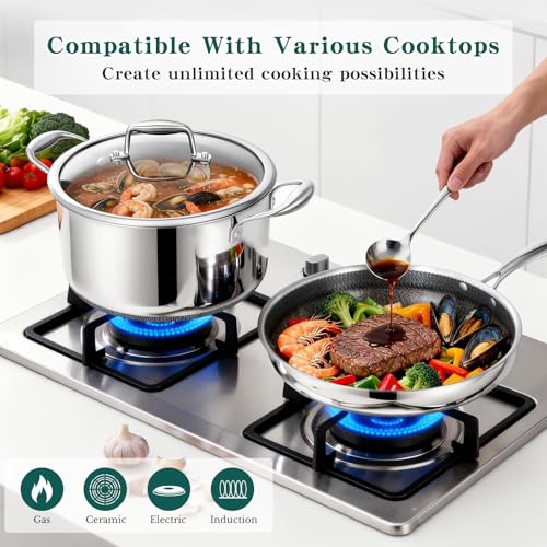 Yoehka 14-Piece Hybrid Stainless Steel Cookware Set, Pots and Pans Set with 3 Silicone Trivets | Induction Compatible Frying Pans, Saucepans, Saute Pan & Stock Pot | Oven Dishwasher Safe, PFOA Free