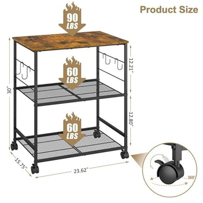 ThreeHio Rolling Kitchen Microwave Cart, 3 Tier Microwave Table Stand with Storage, Kitchen Utility Cart on Lockable Wheels, Small Coffee Cart Shelf Rack Organizer for Living Room Office, Balcony