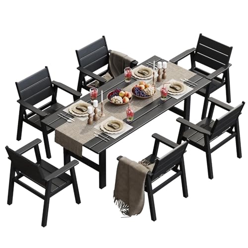 Polyhouz HDPE Outdoor Dining Table and Chairs, 7-Piece Patio Table and Chairs Set, Outdoor Dining Set for 6, All-Weather Dining Furniture Set with Umbrella Hole, Black