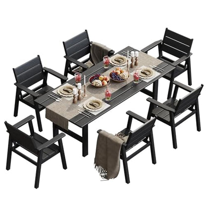 Polyhouz HDPE Outdoor Dining Table and Chairs, 7-Piece Patio Table and Chairs Set, Outdoor Dining Set for 6, All-Weather Dining Furniture Set with Umbrella Hole, Black