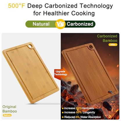 Homaxy Bamboo Cutting Board for Kitchen Set of 3, Wooden Cutting Boards with Non-Slip Mat Deep Juice Groove and Built-In Handles, Wood Chopping Board Set for Meat Fruits & Vegetables