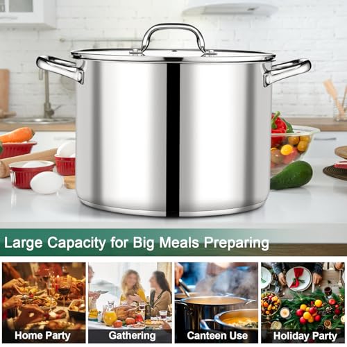 P&P CHEF 20 QT Stock Pot with Lid, Stainless Steel Large Cooking Pot, Soup Canning Stockpot for Stewing Simmering, Tri-ply Bottom for All Stoves, Heavy-Duty &Dishwasher Safe & Food-Grade