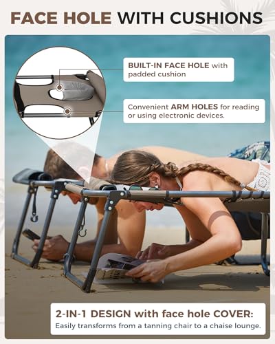 KingCamp Tanning Chair with Face Hole, Lounge Chairs Outdoor Folding Comfy Adjustable 5-Position Lay Flat Foldable Chaise Chaser Lounger for Outside Beach Patio Sun Bathing Pool, Beige