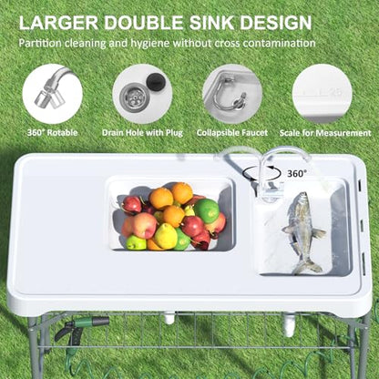 IWDOO 42.5" Fish Cleaning Table with Dual Sink, Portable Folding Camping Table with Faucet, Sprayer, Grid Rack, Hose Hook Up & Knife Groove, Outdoor Sink Station for Picnic Beach Patio