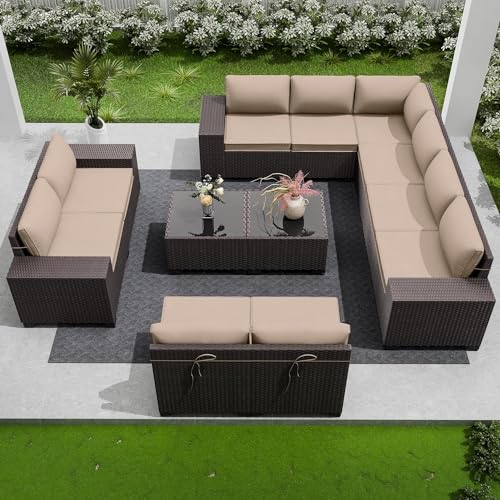 RTDTD 12 PCS Outdoor Patio Furniture Set,Outdoor Sectional Furniture All Weather PE Rattan Wicker Patio Conversation Set with 2 Coffee Tables and 10 Thickened Cushions,Sand