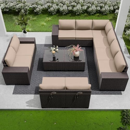 RTDTD 12 PCS Outdoor Patio Furniture Set,Outdoor Sectional Furniture All Weather PE Rattan Wicker Patio Conversation Set with 2 Coffee Tables and 10 Thickened Cushions,Sand