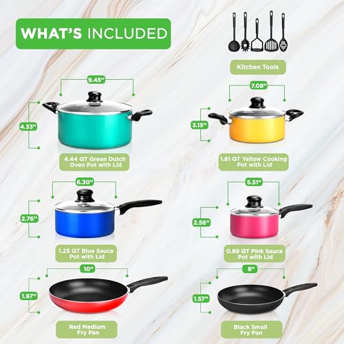 NutriChef 15-Piece Non Stick Kitchen Cookware Set PFOA/PFOS-Free, Colorful Heat Resistant Lacquer w/Saucepot, Frying Pans, Oven Pot, Lids, 5 Utensil - NCCWCOR15