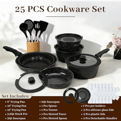 Colourcoco Pots and Pans Set - Non Stick 25 Pieces Cookware Set Pots and Pans with Detachable Handles, Includes Pans, Pots, Utensils, Trivets for Hot Dishes, Lids, Space-Saving Cookware