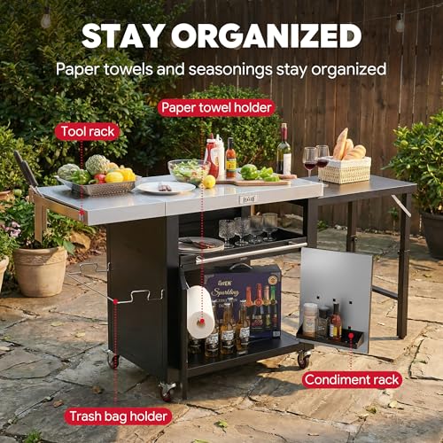 Outdoor Kitchen Island with Cabinet, Outdoor Grill Table with Stainless Steel Top for Pizza Oven& Griddles, Movable Bar Cart with Pull-Out Plate for Parties& Gathering, Heavy-Duty, L74”x W24”