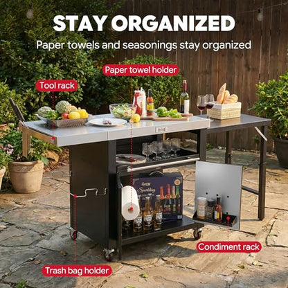Outdoor Kitchen Island with Cabinet, Outdoor Grill Table with Stainless Steel Top for Pizza Oven& Griddles, Movable Bar Cart with Pull-Out Plate for Parties& Gathering, Heavy-Duty, L74”x W24”