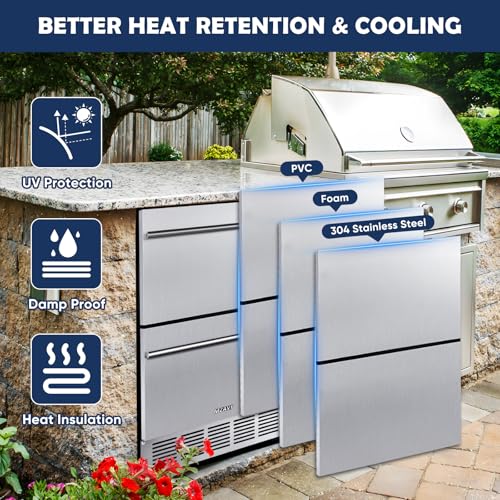 MZAVP 24 Inch Double Drawer Fridge, Stainless Steel Outdoor Beverage Refrigerator for Patio and Kitchen, Freestanding or Built-In, Mobile Grid Organizer, Home and Commercial Use