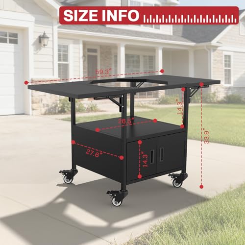 Outdoor Grill Cart for Big Green Egg Style| Egg BBQ Grill with a Cover| 3-Duty Storage| 2 Sided Prep Table| 530Lbs&Heavy Duty Metal |Outside-in Easy Assembly| Compatible with Big Green Egg, Kamado Joe