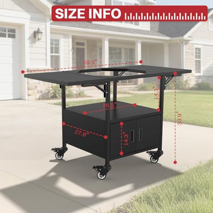 Outdoor Grill Cart for Big Green Egg Style| Egg BBQ Grill with a Cover| 3-Duty Storage| 2 Sided Prep Table| 530Lbs&Heavy Duty Metal |Outside-in Easy Assembly| Compatible with Big Green Egg, Kamado Joe