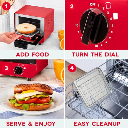 Dash Mini Toaster Oven | Small Toaster Oven for Dorms, Apartments, & Small Kitchens, Adjustable Timer Dial with Auto Shutoff, Removable Cooking Tray & Crumb Catch, Red