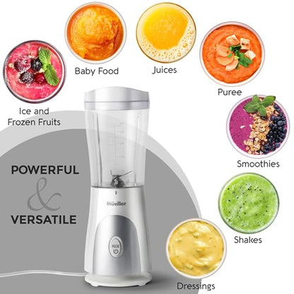 Mueller Heavy-Duty Personal Blender for Shakes and Smoothies with a 15 Oz Travel Cup and Lid, Juices, Baby Food, Portable Blender & Food Processor, White