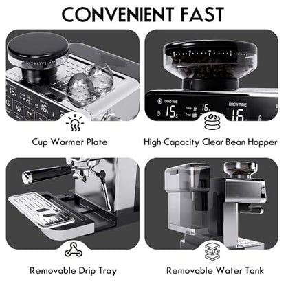 PULZO Espresso Machine with Grinder, 20 Bar Professional Coffee Machine, All-in-One Stainless Steel Coffee Maker with Milk Frother, to Make Latte, Cappuccino, 67oz Detachable Water Tank