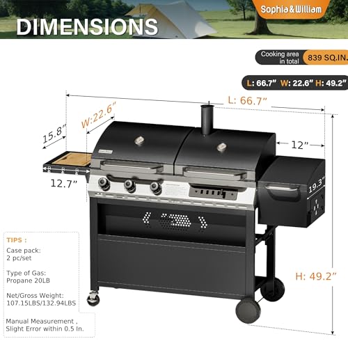 Sophia & William 3-Burner Gas and Charcoal Grill Combo with Offset Smoker - Dual Fuel BBQ Grill, 840 sq. in. Cooking Area, Heavy Duty Propane Barbecue for Outdoor Patio Cooking, Black