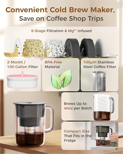 Waterdrop PT-10 Cold Brew Coffee Maker with 1 Magnesium Water Filter for Well-Balanced Acidity, Unlocks Aroma, BPA-Free Cold Brew Pitcher, Stainless Steel Filter for Iced Coffee, Tea, Lemonade, Black