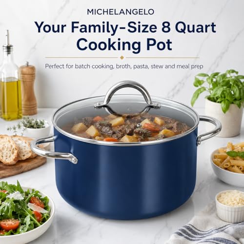 MICHELANGELO 8 Quart Stock Pot with Lid, Ceramic Nonstick Soup Pot for Family Meals, Batch Cooking, Broth, Seafood Boil & Meal Prep, Non Toxic Induction Stockpot with Stainless Steel Handles, Blue