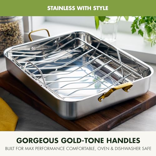GreenPan Reserve 16" x 13" Tri-Ply Stainless Steel Roasting Pan with Roaster Rack, Multiclad Cookware, Induction Suitable, Gold Stainless Steel Handles, Dishwasher & Oven Safe, Silver