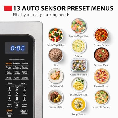Toshiba Air Fryer Combo 4-in-1 Countertop Microwave Oven, Smart Sensor, Convection, Mute Function, Position Memory 13.6" Turntable, 1.5 Cu Ft, 1000W, Silver, ML-EC42P(SS)