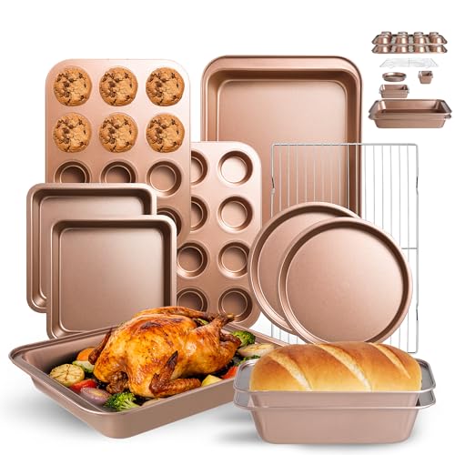 11-Piece Nonstick Baking Pans Set - Professional Grade Carbon Steel Bakeware with Premium Coating- Dishwasher Safe, Stackable, Oven Safe to 450°F (Champagne)