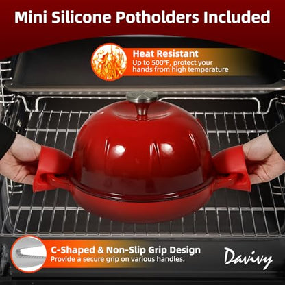 Davivy Sourdough Dutch Oven, 5QT Round Cast Iron Bread Oven, Bread Cloche Dutch Oven Bread Pan with Silicone Mini Pot Holders - Cherry Red