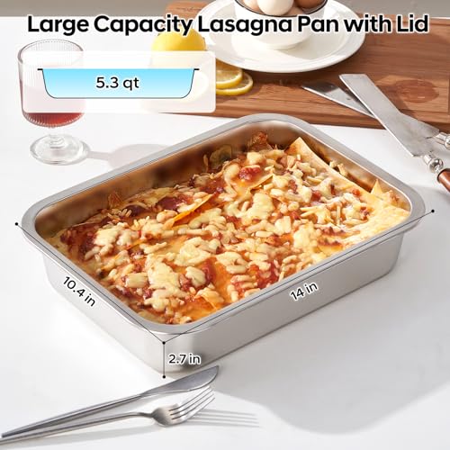 Lasagna Pan with Lid, 10.4x14x2.7 Inch Large Stainless Steel Nonstick Lasagna Baking Roasting Dishes Pan for Oven(M, 1 Pack)