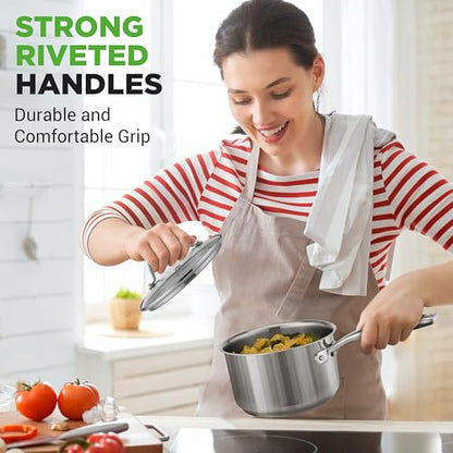 NutriChef 2 Quart Stainless Steel Saucepan with Lid - Heavy Duty Pot with Ergonomic Handles, For All Cooktops