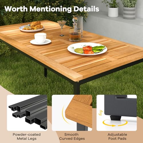 Tangkula 3 Pieces Outdoor Dining Set for 6 People, 55 inch Rectangle Patio Table & 2 Benches with Acacia Wood Tabletop, Metal Frame & Umbrella Hole, Dining Furniture for Yard, Garden, Poolside
