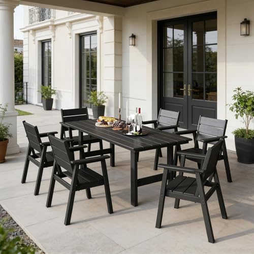 Polyhouz HDPE Outdoor Dining Table and Chairs, 7-Piece Patio Table and Chairs Set, Outdoor Dining Set for 6, All-Weather Dining Furniture Set with Umbrella Hole, Black